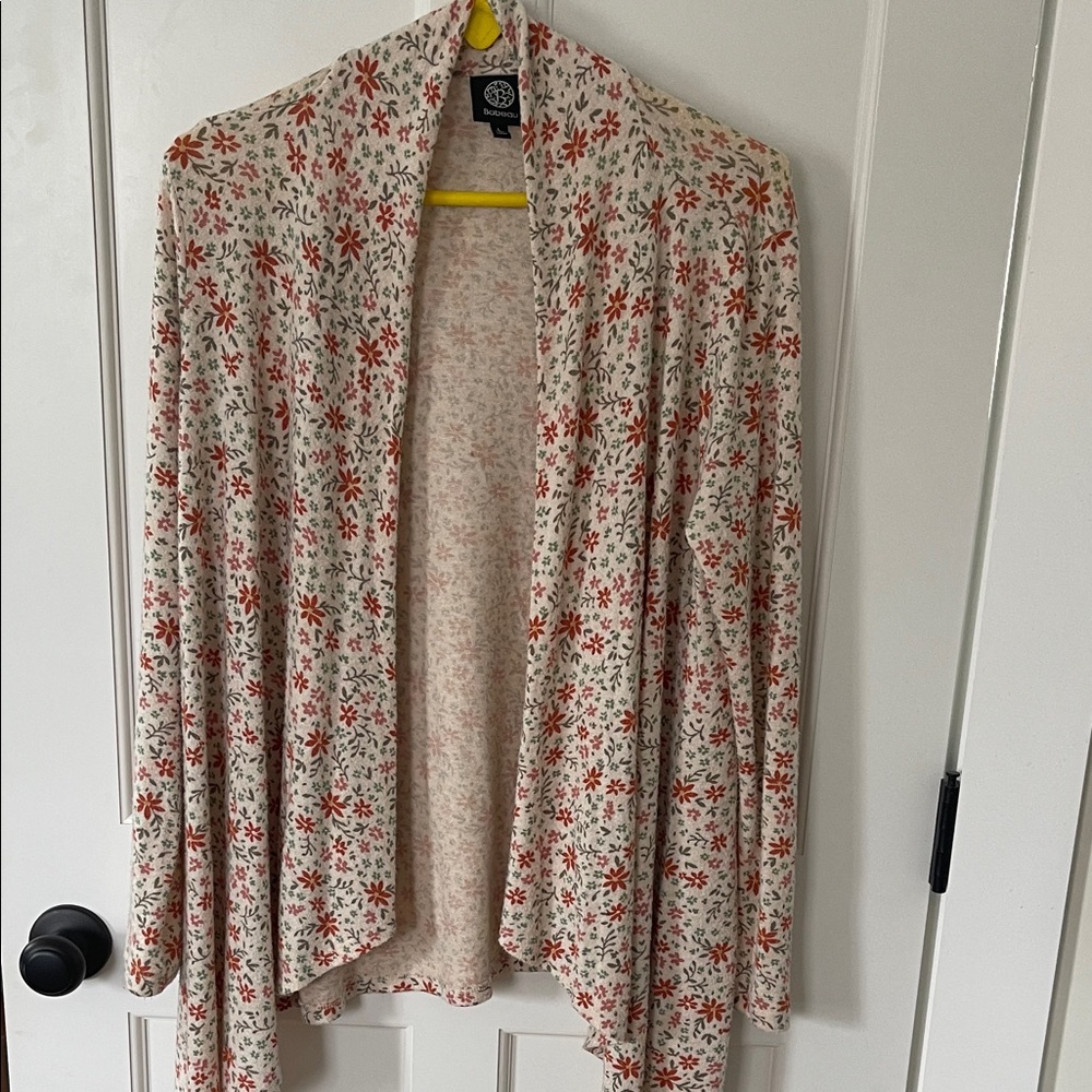 bobeau Cream Floral Open-Front Cardigan with Rust & Green Accents